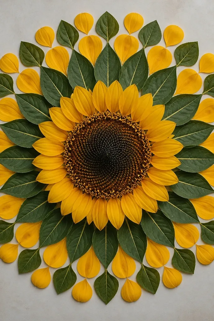 A sunflower mandala with a central seed circle and alternating leaf shapes and small petal shapes in the outer ring. The border looks like a mix of leaf-teardrops and round petals.