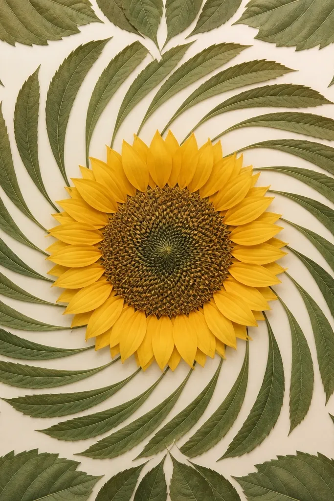 A sunflower mandala where large leaf shapes start near the corners of the page and curve toward the center. The center has a circular seed pattern. The leaves arc like a fan toward the middle.