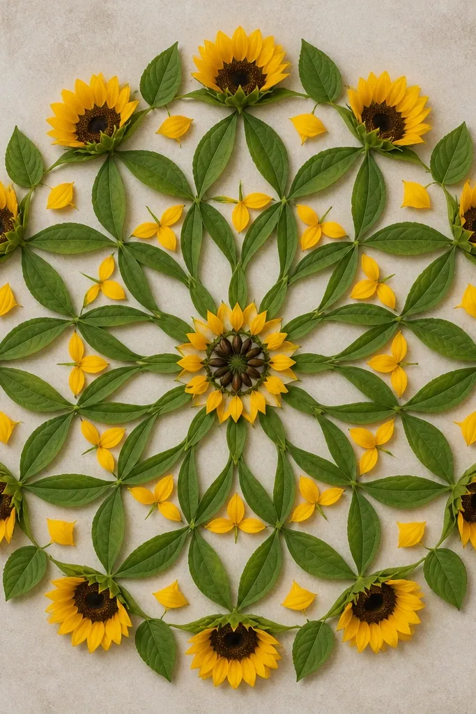 A sunflower mandala with leaf shapes forming a lattice pattern. The leaves overlap lightly but leave open spaces between them. The center is a small circle with a few thicker seed strokes.
