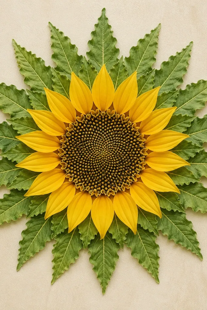 A sunflower mandala where each leaf has a ruffled edge drawn with small wave lines. The center is a tight circle of dots. Outer leaves have wavy contours along both sides.