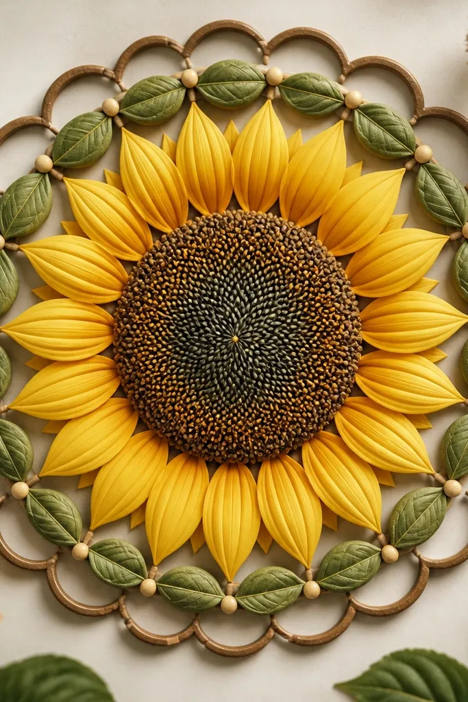 A sunflower mandala with a center seed circle. Around it is a ring of leaf shapes that look like beads strung on a curve. Between leaves are small bead dots. An outer scalloped circle frames everything.