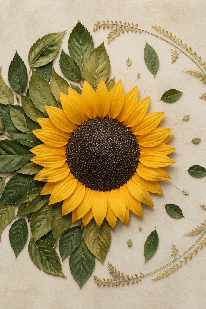 A sunflower mandala where leaves fill only about half the circle, like a clock face from 9 to 3. The other half has a lighter border and a few stray leaves. The center is a full seed circle.