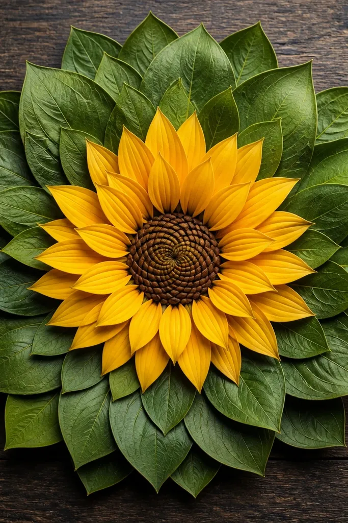 A sunflower mandala with a small center drawn like a knot - overlapping seed lines. Leaves spread outward like fans in layers, with each layer curving and overlapping the previous one.