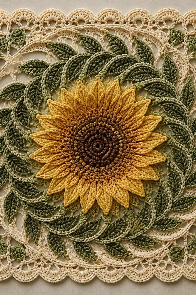 A sunflower mandala centered inside a square frame. The square corners are rounded with scallops, like a doily border. Inside, leaf rings spiral outward slightly, and the center is filled with dots.