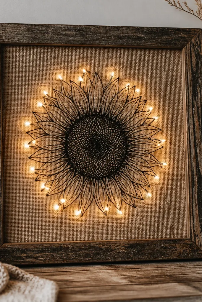 A thrifted wooden frame with burlap inside. A black sunflower outline drawing sits centered. Warm white micro LEDs form a loose ring around the petals, with the glow fading toward the wilted center.