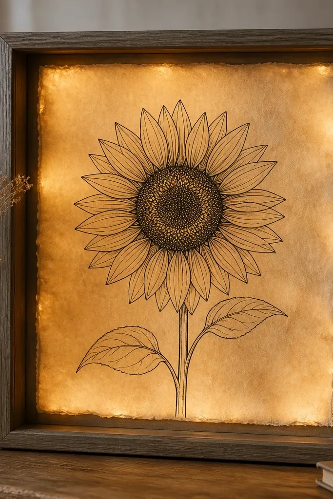 A shadowbox-style frame with tea-stained paper background. A simple black sunflower outline drawing is centered. A warm LED strip is tucked behind the paper edges, creating a soft halo around the petals.