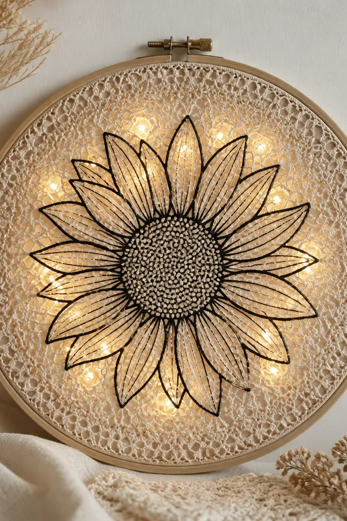 A round hoop or small frame with a lace doily background. A black sunflower outline drawing sits on top. Warm white LED dots look like tiny light points clustered between petals.