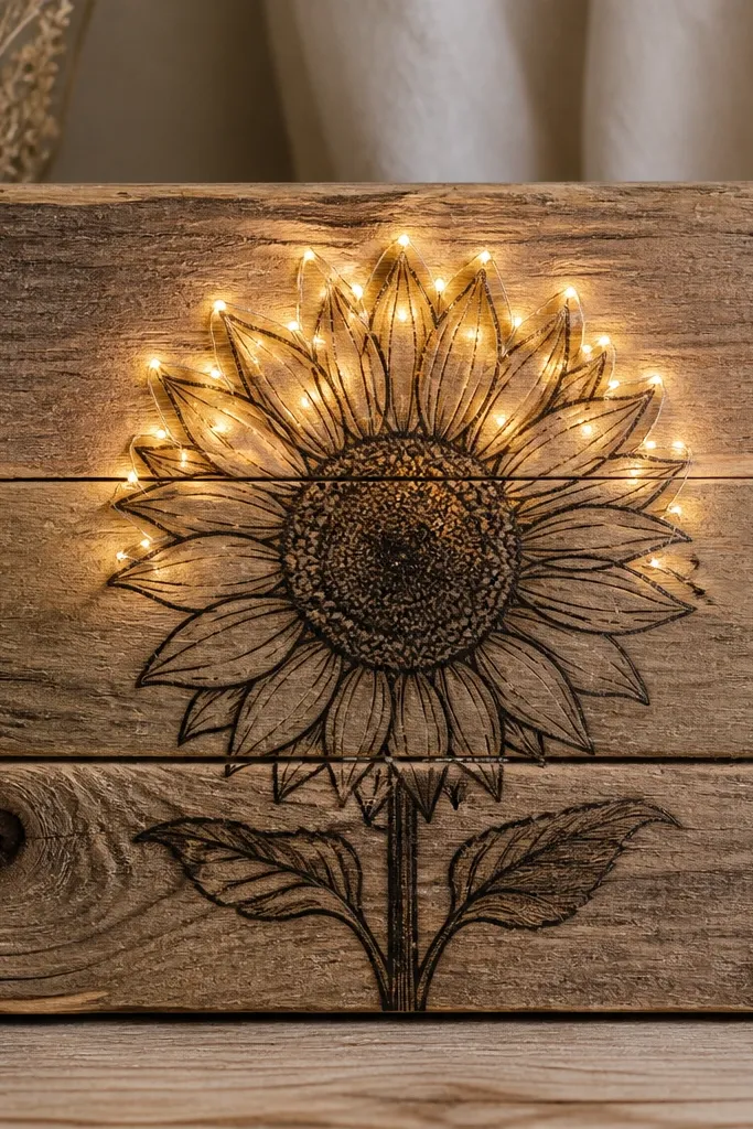 A small set of stacked scrap wood planks arranged as a sign. A black sunflower outline drawing is burned or inked onto the center plank. Warm string lights trace the top petals and fade downward.