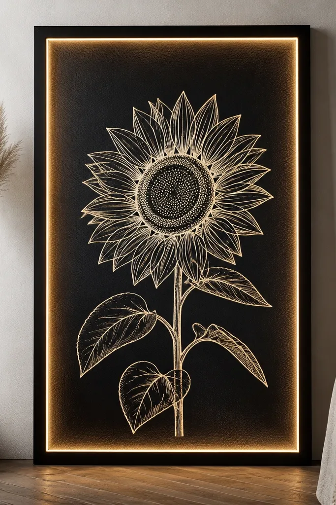 A stretched canvas with black gesso background. A white or pale yellow sunflower outline drawing is centered. Warm LED lights run along the inner edge, creating a bright border glow.