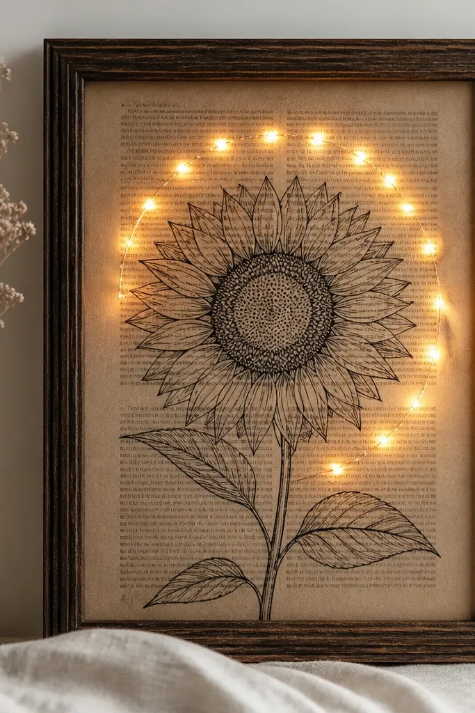 A framed page made from an old book. A black sunflower outline drawing is drawn over the text. Warm micro LEDs form a dim arc around the petals.