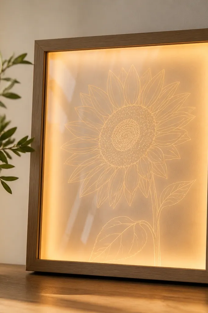 A framed piece with a glass front. The sunflower outline drawing is faintly visible like a transfer. Warm LED strip lights are hidden behind the glass, making the outline glow softly.