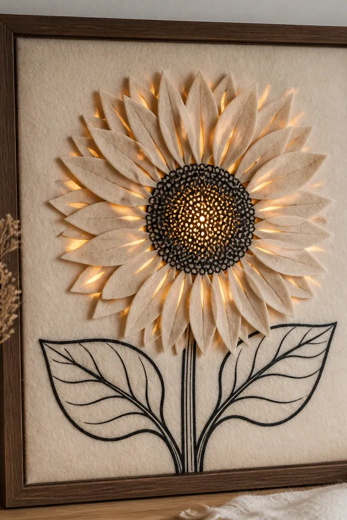 A fabric wall frame with layered felt petals. A black sunflower outline drawing is drawn on a cream felt backing. Small warm tea lights sit behind the fabric, glowing through cutouts.