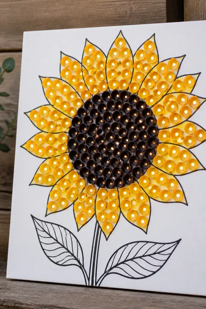 A bright white cardboard sign with a black sunflower outline drawing. Tiny LED points peek through recycled bottle caps arranged in the petal area, creating a dotted glow pattern.