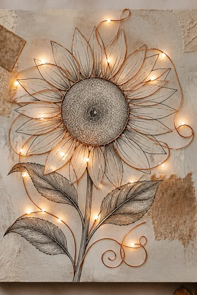 A mixed-media board with a sunflower outline drawing in ink and transferred texture. Copper wire curls around the outline like a light path, with warm LEDs tucked along the wire.