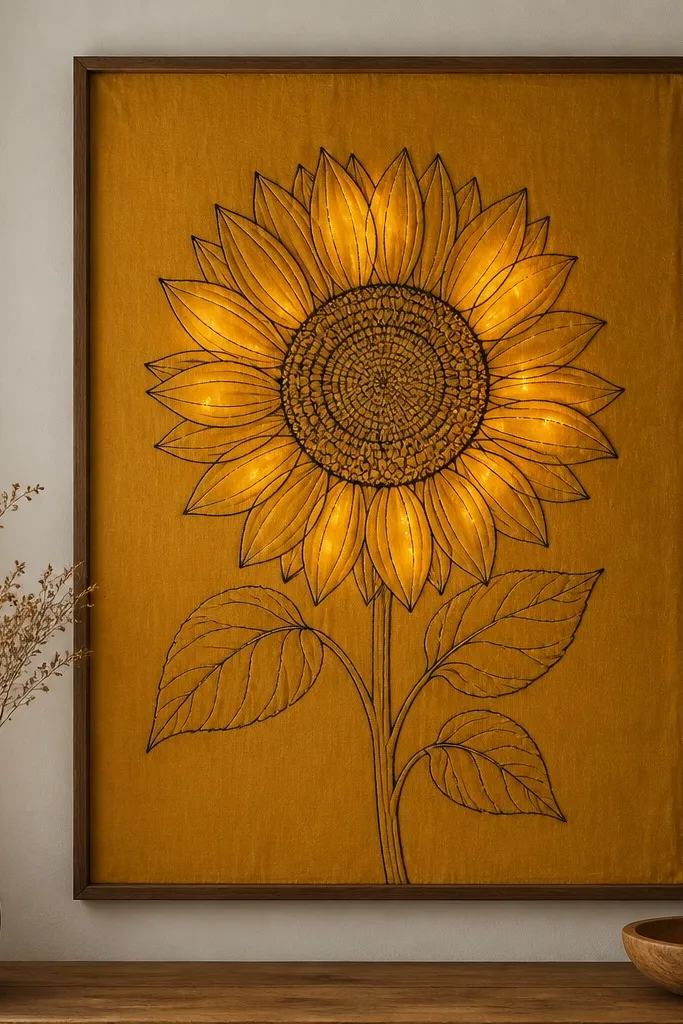 A fabric wall hanging stretched in a frame. The background is citrus yellow cloth. A black sunflower outline drawing is stitched or drawn in marker. Warm LED strips glow through translucent areas near petals.