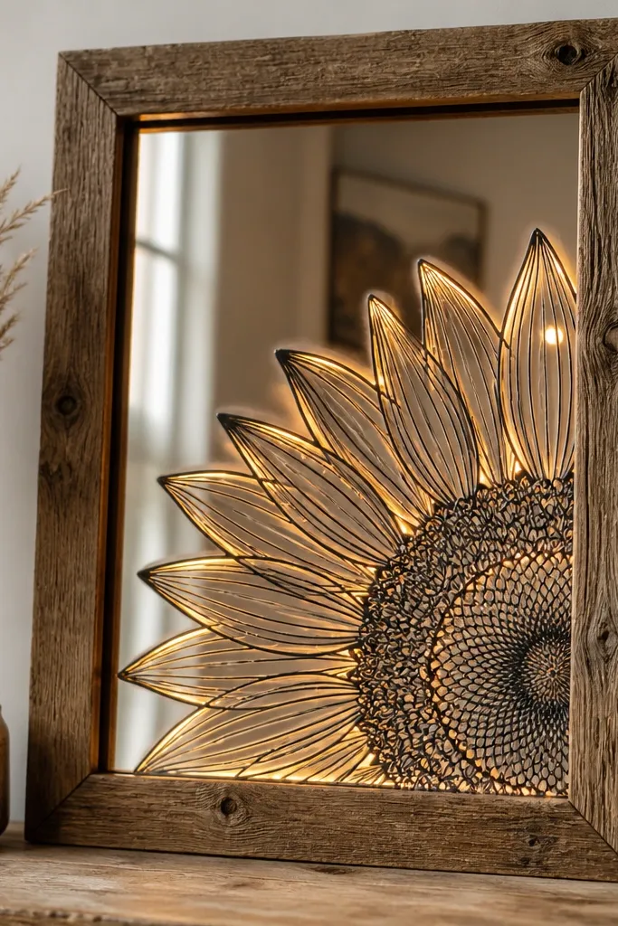 A reclaimed wooden picture frame holding a mirror acrylic sheet. The sunflower outline drawing is etched or drawn in black. Warm LED lights create a glowing reflection around the petals.