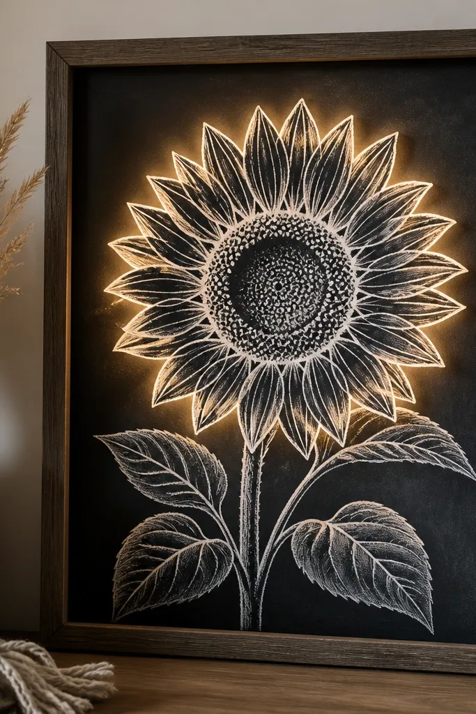 A sheet of chalkboard-style paper in a frame. A white sunflower outline drawing is drawn with chalk. Warm LED lights sit at the back edge, creating a halo glow around the sunflower.