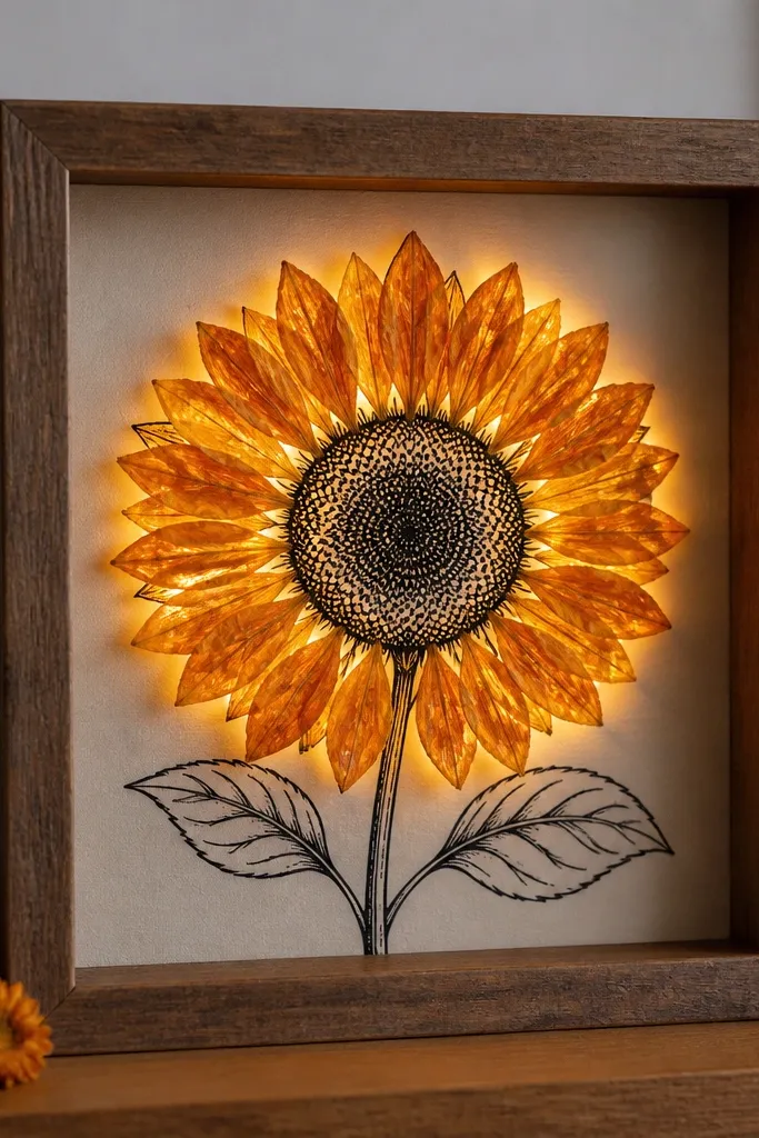 A shadowbox with dried marigold petals arranged like sunflower petals. A black sunflower outline drawing sits on the back panel. Warm LEDs glow from behind the petals.