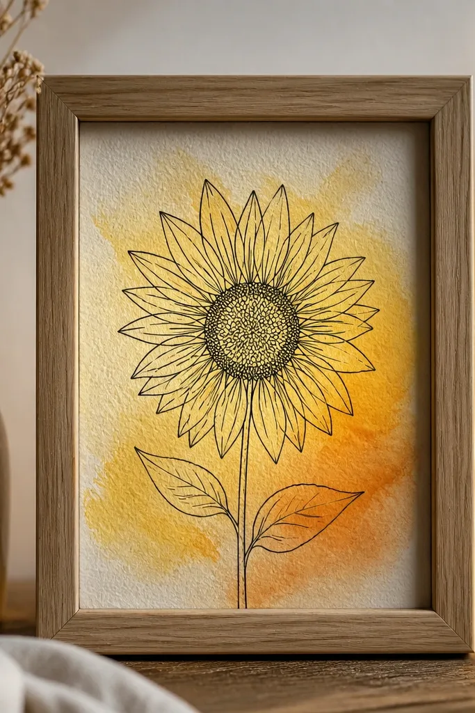 A small framed piece on textured white canvas paper. A black sunflower outline drawing is centered. Behind it, faint upcycled watercolor washes create soft yellow-orange gradients, with warm LEDs providing a gentle glow.