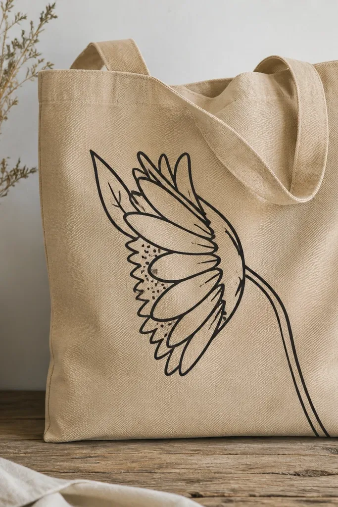 A tan canvas tote bag with one sunflower drawn in bold black marker: the flower head faces left, petals arc forward in a single row, and the stem curves down toward the bottom right. A small cluster of seed dots sits inside the head. One narrow leaf tucks behind the flower on the upper left.