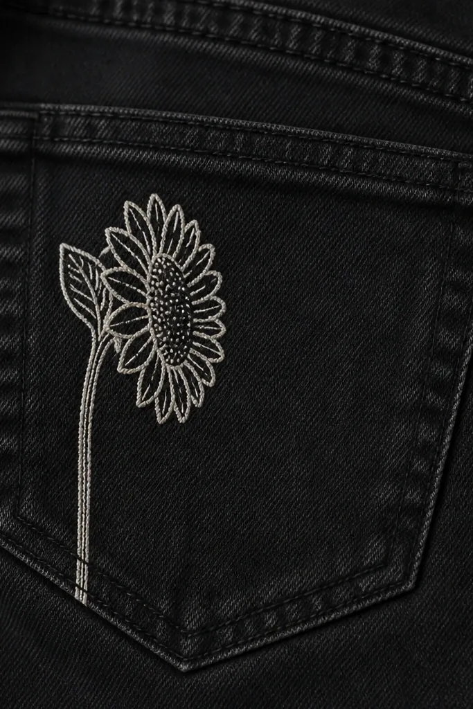 A close-up of a black denim jean pocket with a white sunflower side view. The head faces right, petals are drawn as short rounded arcs, and the center has tiny dot seeds. A small leaf sits behind the head, and the stem drops straight down along the pocket seam.