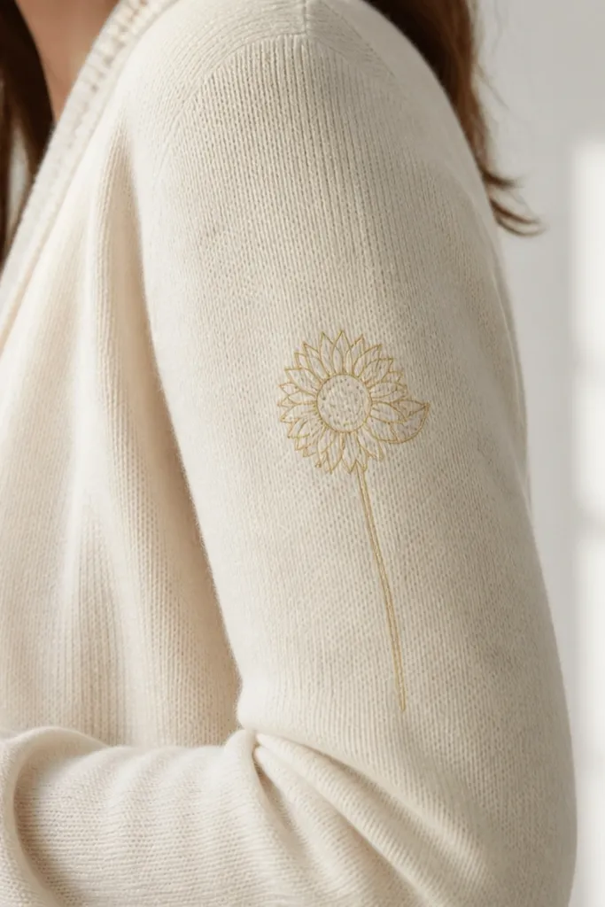 A cream cardigan sleeve with a small sunflower side view drawn in light yellow outline. The petals are delicate arcs, the center has dot seeds, and a tiny leaf is placed behind the head. The stem is thin and ends near the cuff.