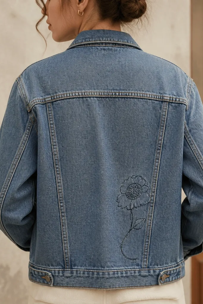 A denim jacket back with a single sunflower drawn on the side panel near the waist. The design uses one continuous line for the stem and head outline, with the petals added as small bumps, and the seeds as a tight dot cluster. The leaf sits behind the head, outlined in the same line weight.