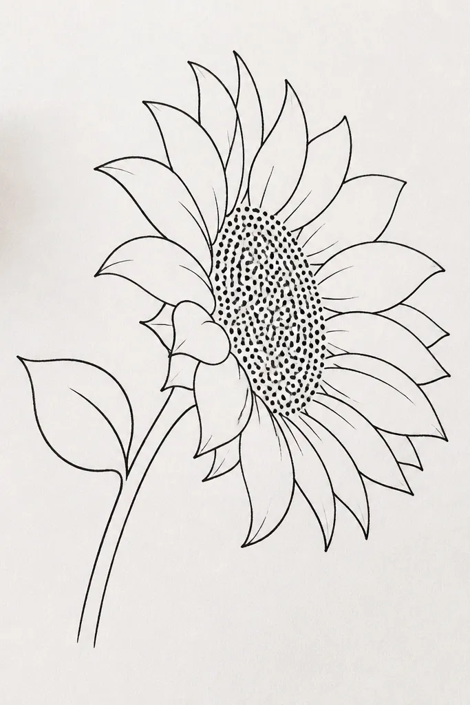 A white sheet of craft paper showing a sunflower side view in black ink. Petals are simple curved outlines, but the center is only dot seeds - no shading lines. A small leaf sits behind, drawn as a single outline shape with one vein line.