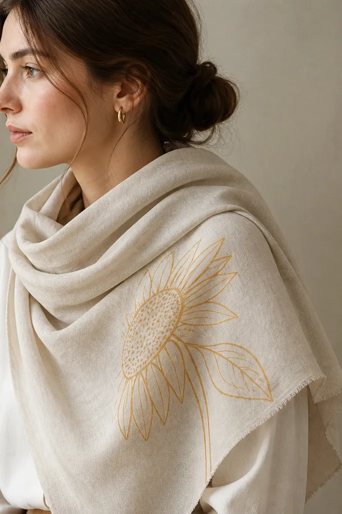 A patterned scarf that has a single sunflower side view transferred onto it. The head is drawn in muted yellow and tan lines, petals are minimal arcs, and the center has small dot seeds. The leaf sits behind the head in the same color as the petals.