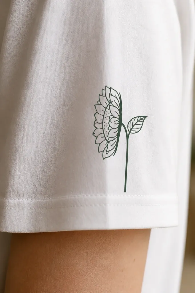 A close-up of a white t-shirt sleeve cuff with a sunflower side view printed in dark green outline. The head faces left, petals are short curved arcs, seed dots fill the center, and a small leaf sits behind. A thin stem line ends right above the cuff seam.