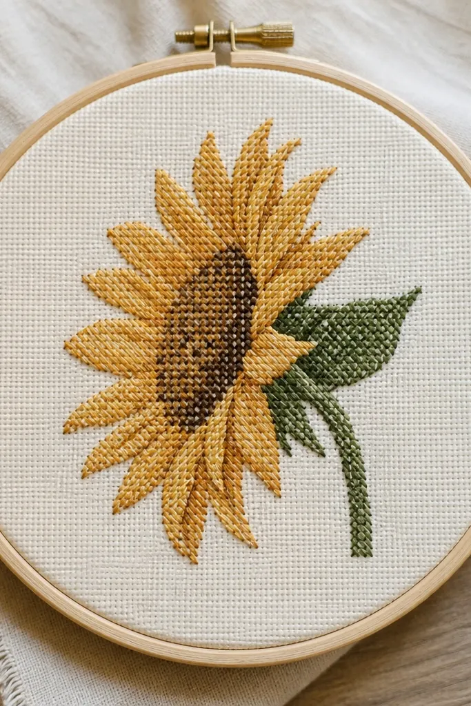 A small embroidery hoop or fabric square with a sunflower side view drawn as cross-stitch style marks. The petals are made of diagonal stitch lines, the center is a dot-and-line mix that looks like stitched seeds, and a small leaf is stitched behind the head.