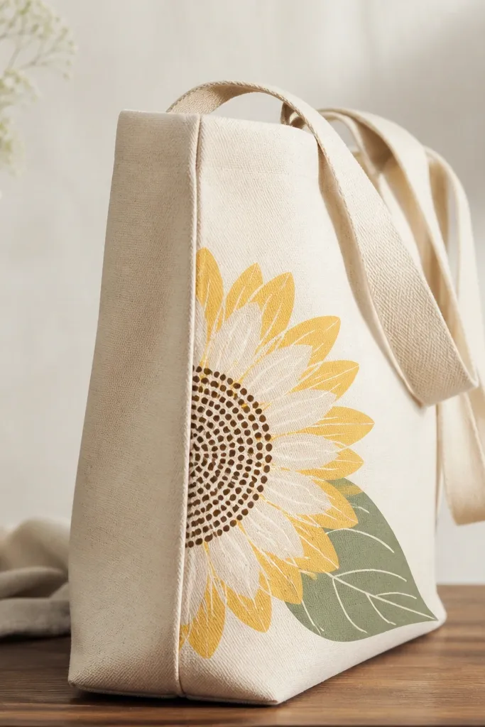 A fabric tote with a sunflower side view where the petals have two tones: the outer petal arcs are drawn in golden yellow and the inner petal arcs are drawn in pale cream. The center has dot seeds in dark brown. A leaf sits behind in muted green.