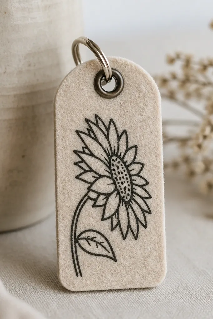 A small felt keychain tag with a sunflower side view stenciled in black on light beige felt. The petals are crisp arcs, the center has dot seeds, and the leaf is a simple outline. The tag has a metal key ring hole at the top.