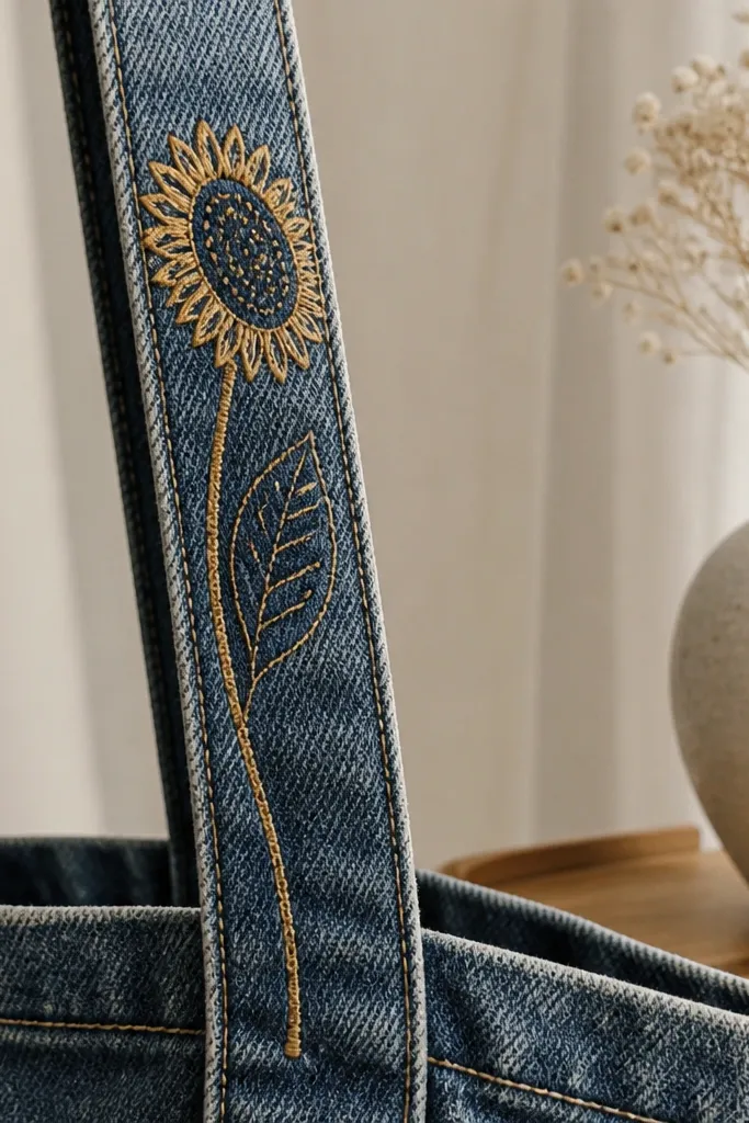 A denim tote strap with a sunflower side view drawn along the strap length. The head faces up and left, petals are small arcs, seed dots fill the center, and the leaf sits behind. The stem follows the strap seam line.