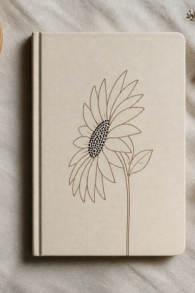 A notebook cover with a sunflower side view: the petals are simple arcs in dark brown, the center has larger seed dots in black, and the leaf is just a small outline behind the head. The stem is thin and straight-ish.