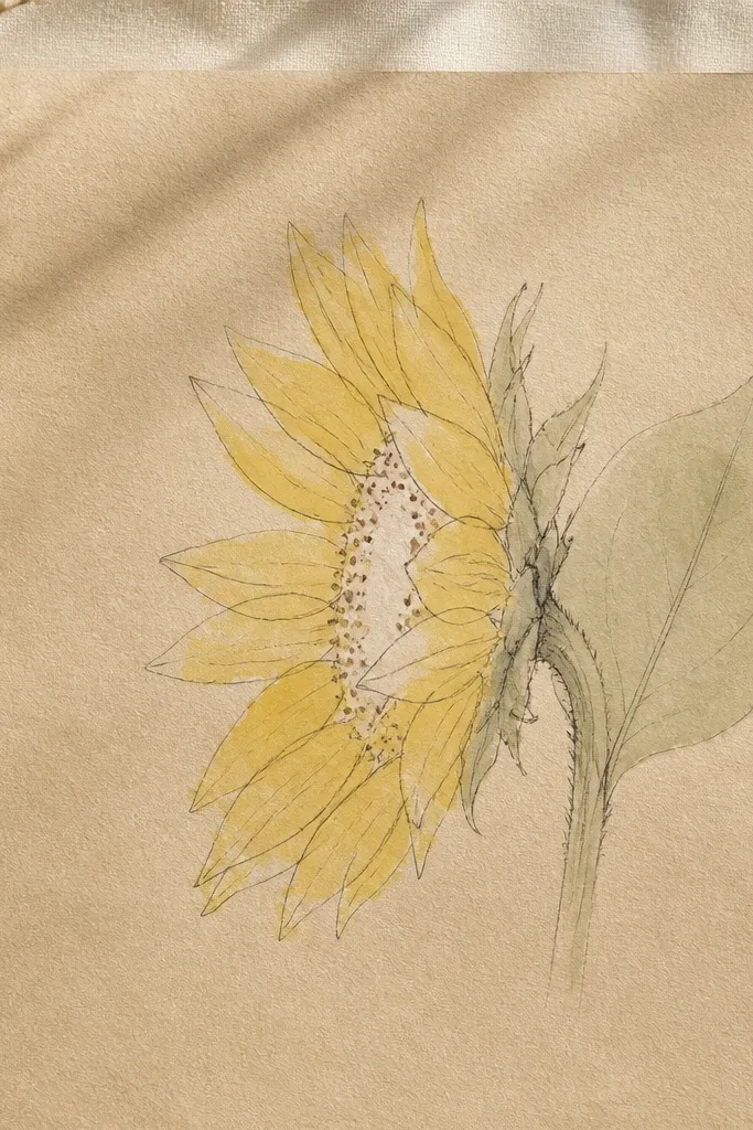 A piece of craft paper with a sunflower side view outlined in pencil and then lightly painted. The petals have a loose watercolor wash in sunflower yellow, the center is left mostly white with a few brown dots, and the leaf is a pale green wash behind the head.