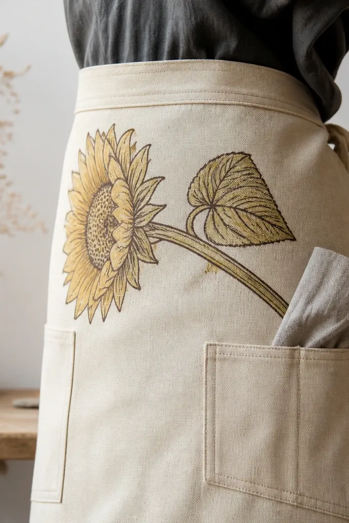 An upcycled canvas apron with a sunflower side view drawn across the waistband. The sunflower head faces left, petals are outlined in dark brown with a warm yellow fill, the center has dot seeds, and the leaf sits behind. The stem runs diagonally across the fabric.
