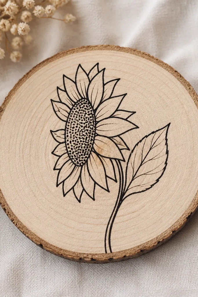 A round wood slice (like a small coaster) with a sunflower side view drawn in black marker. The head faces left, petals are simple arcs, seed dots fill the center, and the leaf sits behind. The stem is a thin line that curves toward the bottom edge.
