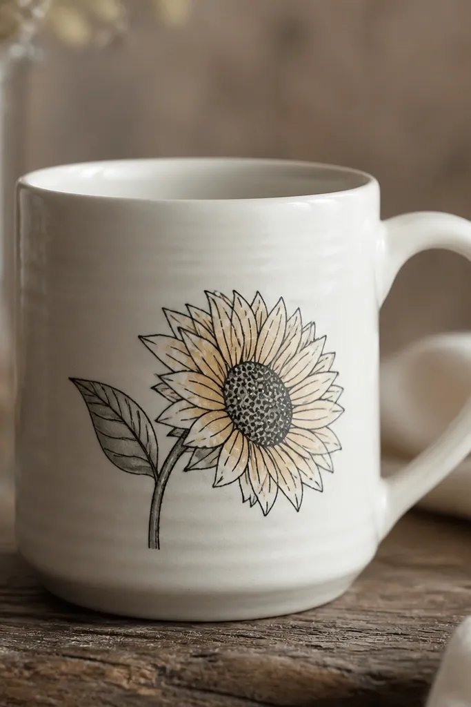 A ceramic mug with a single sunflower side view painted in black and muted yellow. The head faces right, petals are outlined, the center has dot seeds, and a small leaf sits behind. The design sits near the mug handle height, not too high.