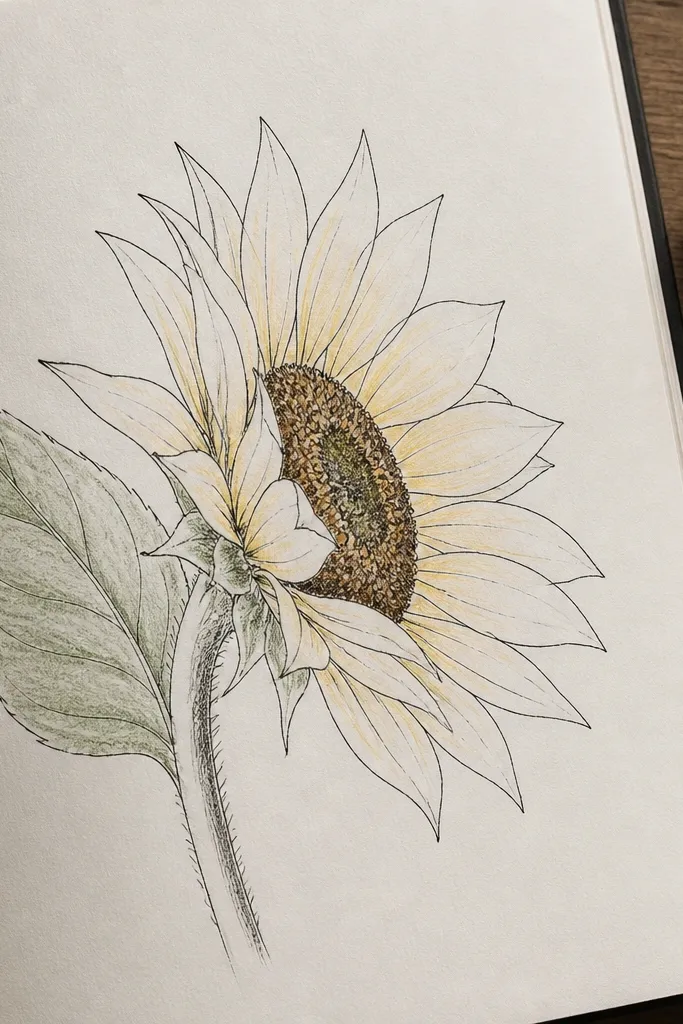 A sketchbook page with a sunflower side view outlined in pen, then colored pencil shading only in the center seeds. Petals stay mostly unfilled except for a light yellow tint, and the leaf sits behind in soft green pencil.