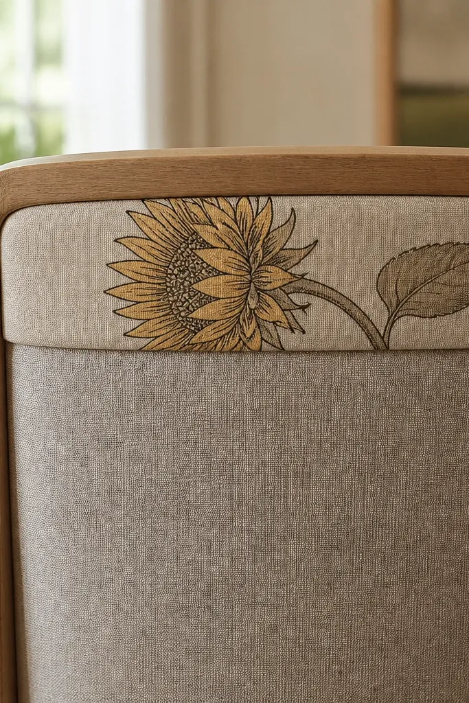 A reupholstered chair back with a narrow fabric panel along the top edge. A sunflower side view is drawn in dark outline and muted yellow fill, with the head facing left. The leaf sits behind, and the stem runs along the panel edge.