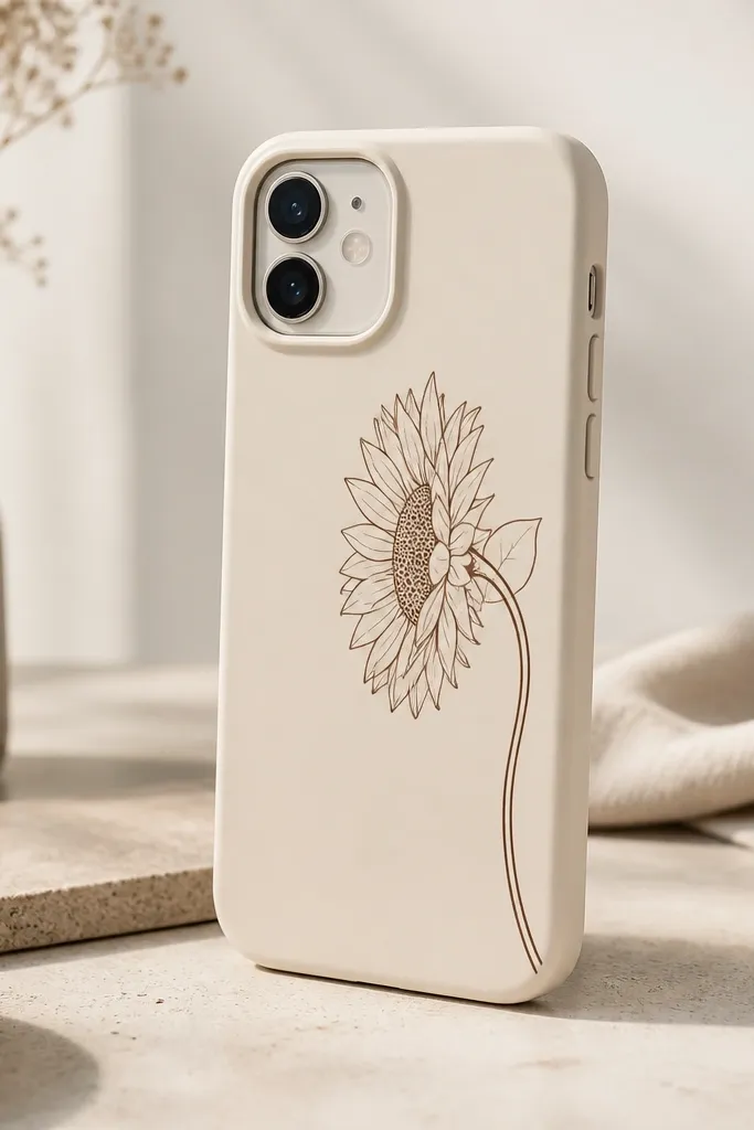 A phone case with a sunflower side view drawn on the flat frame area. The head faces left, petals are outlined in dark brown, the center has dot seeds, and a small leaf is behind the head. The stem curves gently toward the bottom right corner.