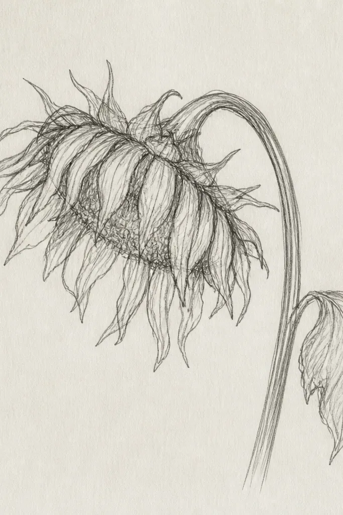 Wilted sunflower with curled petals and brown torn edges over pale paper.