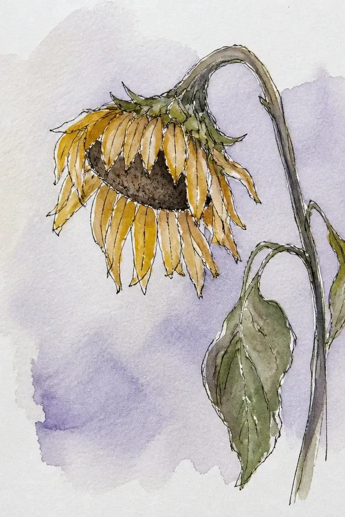 Sunflower head drooping with pale petals and lavender shadow folds.
