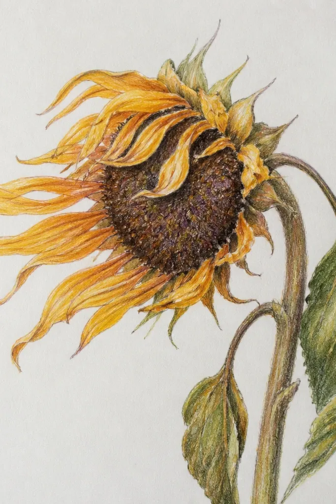 Sunflower petals bent and swept to one side with directional shading.