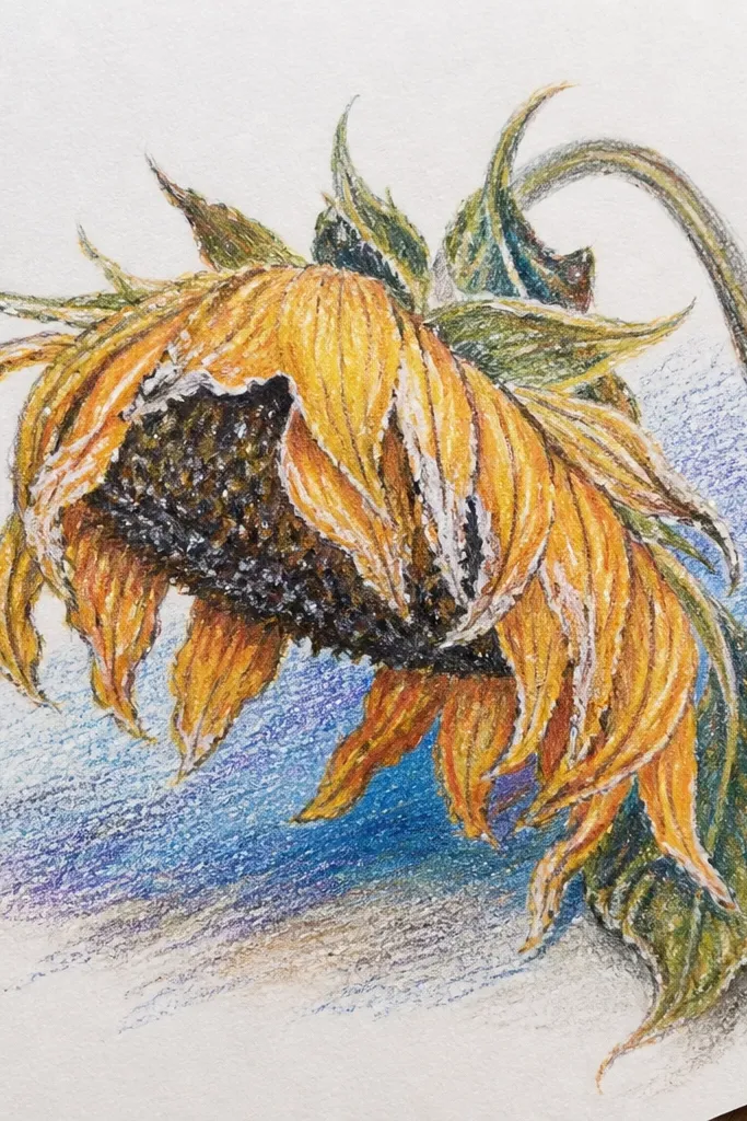Sunflower with pale petals, icy cracks, and cool shadowing.