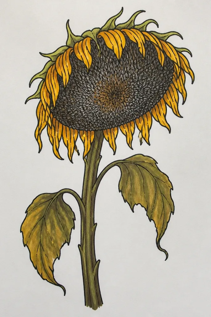 Large dark seed head with small drooping petals around it.