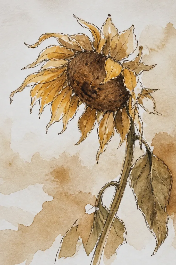 Sepia wilted sunflower with torn-looking petal edges and rough texture.