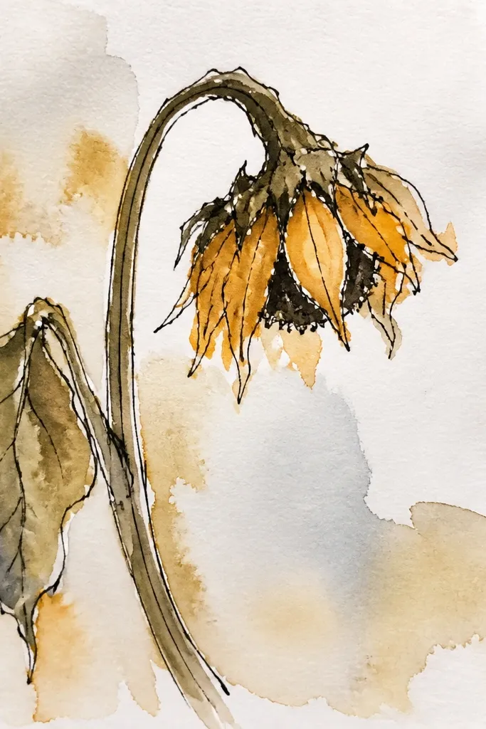Wilted sunflower outlined in black ink with watercolor bleed shadows.