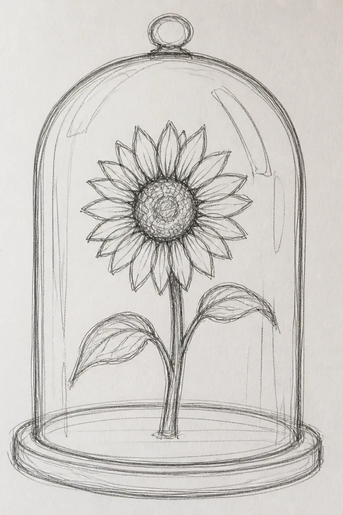 Wilted sunflower with shiny highlight bands like it's behind glass.